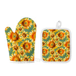 Sage Watercolor Sunflower Pattern Print Oven Mitt And Pot Holder Set