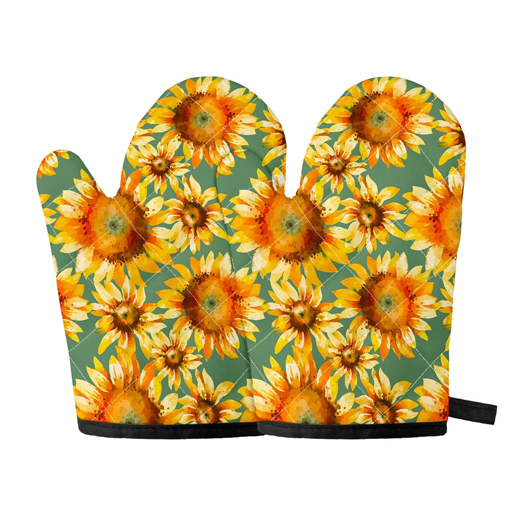 Sage Watercolor Sunflower Pattern Print Oven Mitts