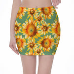 Sage Watercolor Sunflower Pattern Print Pencil Mini Skirt