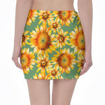 Sage Watercolor Sunflower Pattern Print Pencil Mini Skirt