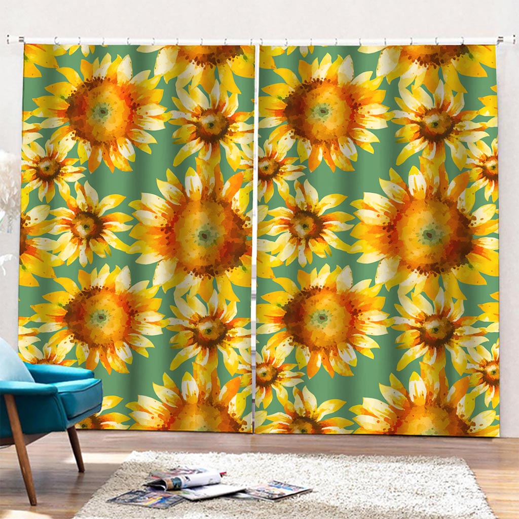 Sage Watercolor Sunflower Pattern Print Pencil Pleat Curtains