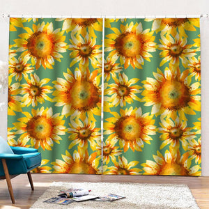 Sage Watercolor Sunflower Pattern Print Pencil Pleat Curtains