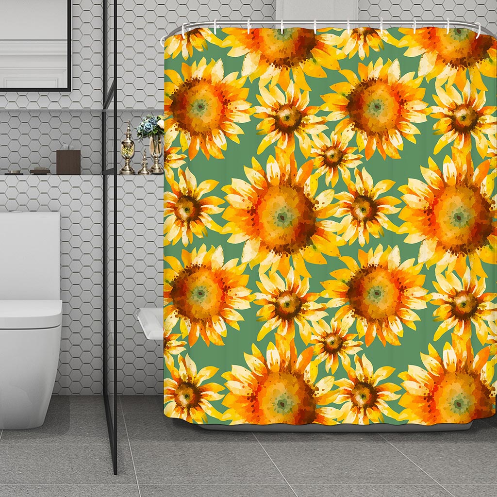 Sage Watercolor Sunflower Pattern Print Polyester Shower Curtain