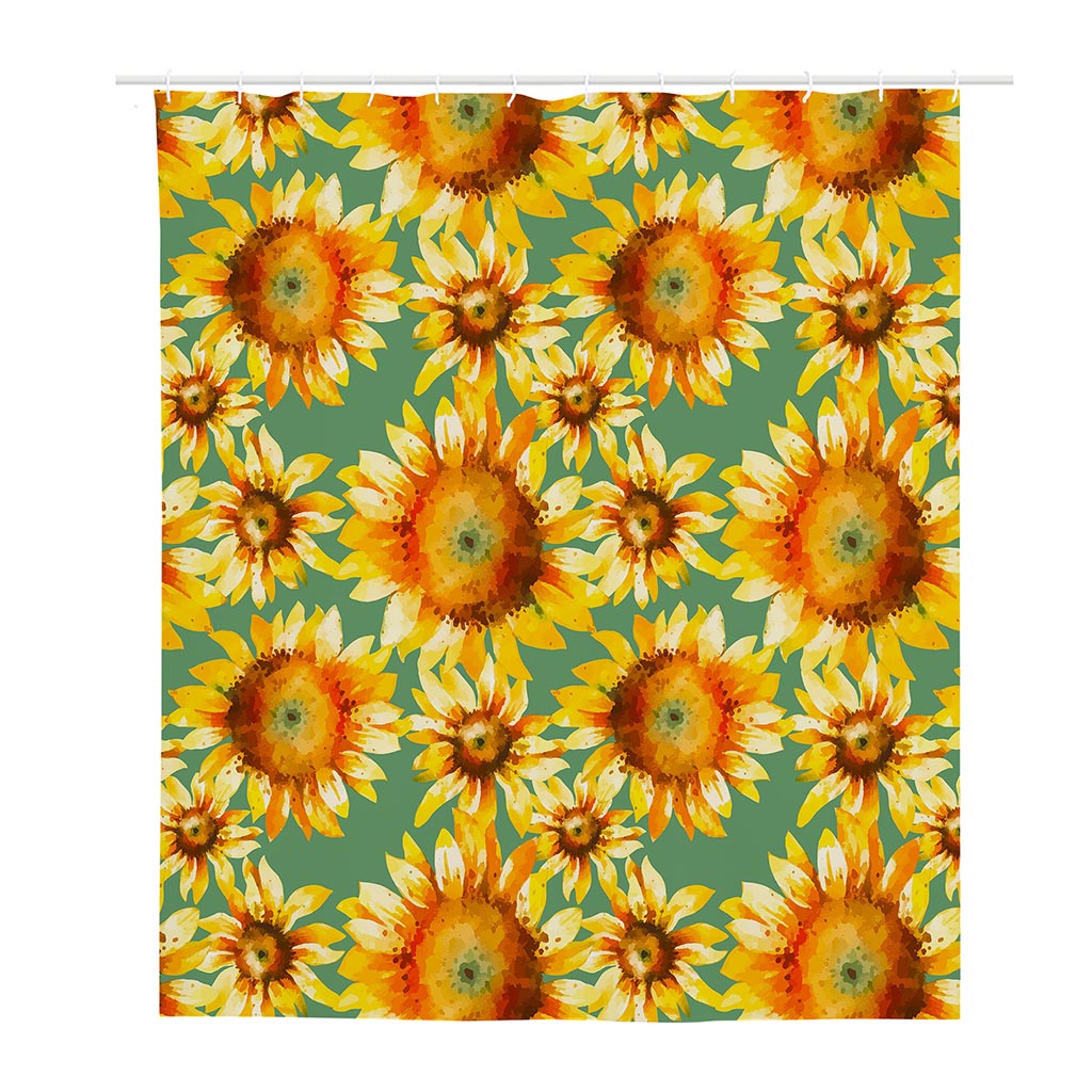 Sage Watercolor Sunflower Pattern Print Polyester Shower Curtain