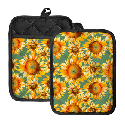 Sage Watercolor Sunflower Pattern Print Pot Holders With Pocket