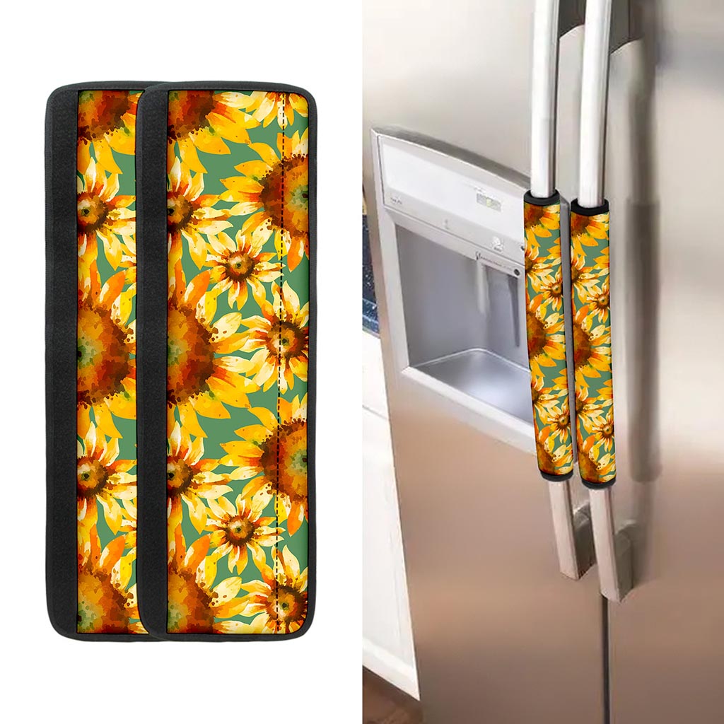 Sage Watercolor Sunflower Pattern Print Refrigerator Handle Covers