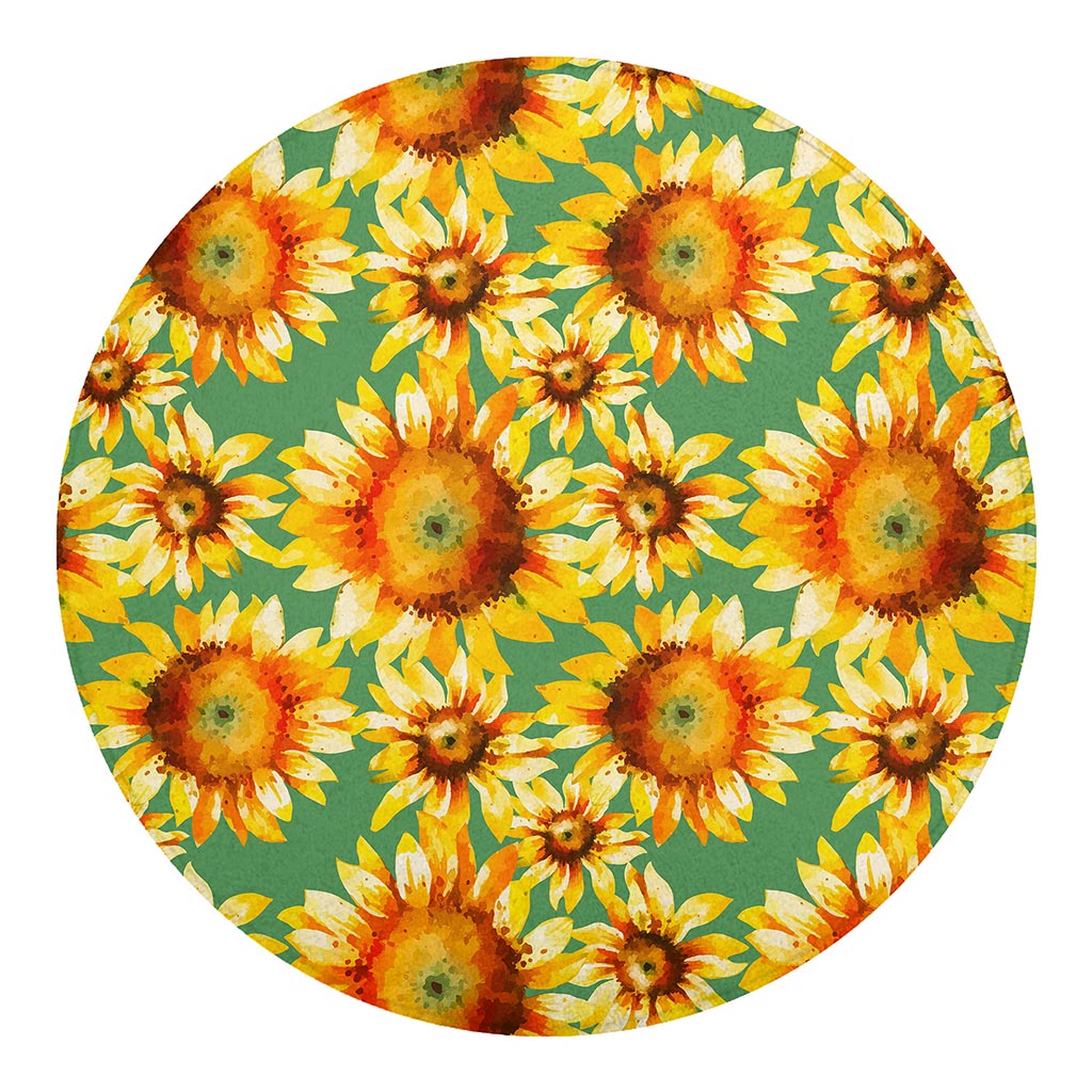 Sage Watercolor Sunflower Pattern Print Round Blanket