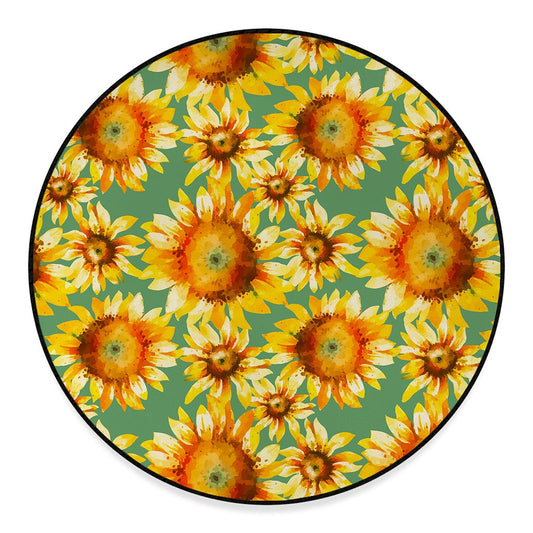 Sage Watercolor Sunflower Pattern Print Round Floor Mat