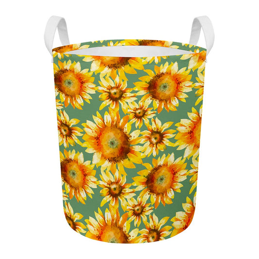 Sage Watercolor Sunflower Pattern Print Round Laundry Basket