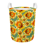 Sage Watercolor Sunflower Pattern Print Round Laundry Basket