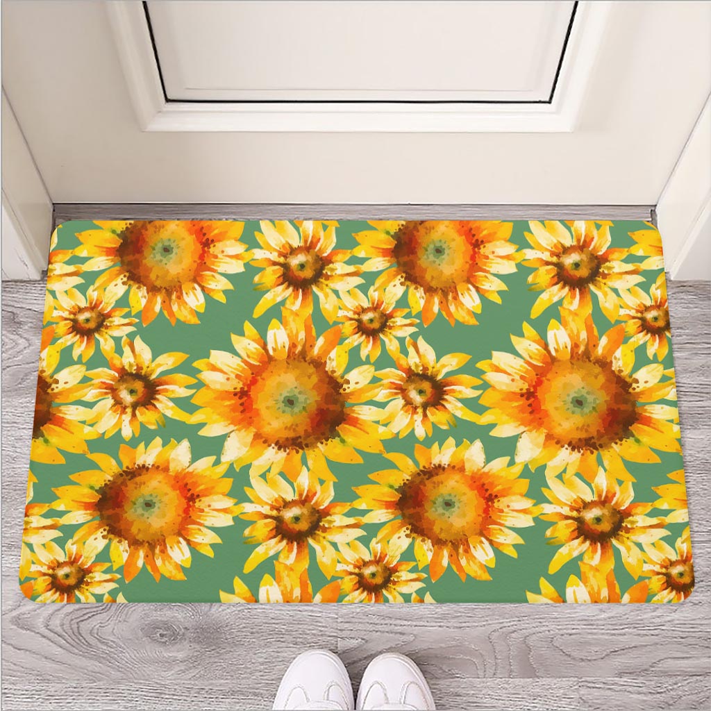Sage Watercolor Sunflower Pattern Print Rubber Doormat