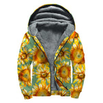 Sage Watercolor Sunflower Pattern Print Sherpa Lined Zip Up Hoodie