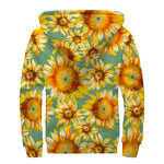 Sage Watercolor Sunflower Pattern Print Sherpa Lined Zip Up Hoodie