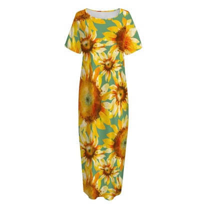 Sage Watercolor Sunflower Pattern Print Short Sleeve Long Nightdress