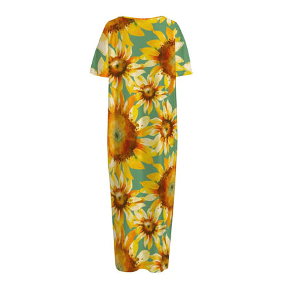 Sage Watercolor Sunflower Pattern Print Short Sleeve Long Nightdress