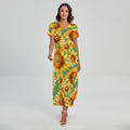 Sage Watercolor Sunflower Pattern Print Short Sleeve Maxi Dress