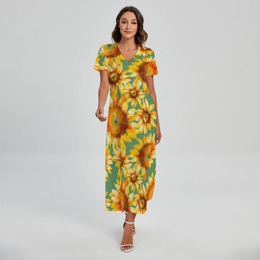 Sage Watercolor Sunflower Pattern Print Short Sleeve Maxi Dress