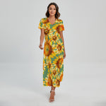 Sage Watercolor Sunflower Pattern Print Short Sleeve Maxi Dress