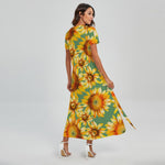 Sage Watercolor Sunflower Pattern Print Short Sleeve Maxi Dress