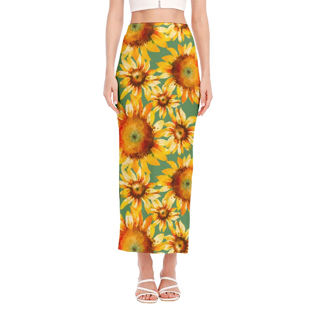 Sage Watercolor Sunflower Pattern Print Side Slit Maxi Skirt