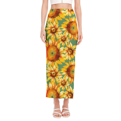 Sage Watercolor Sunflower Pattern Print Side Slit Maxi Skirt