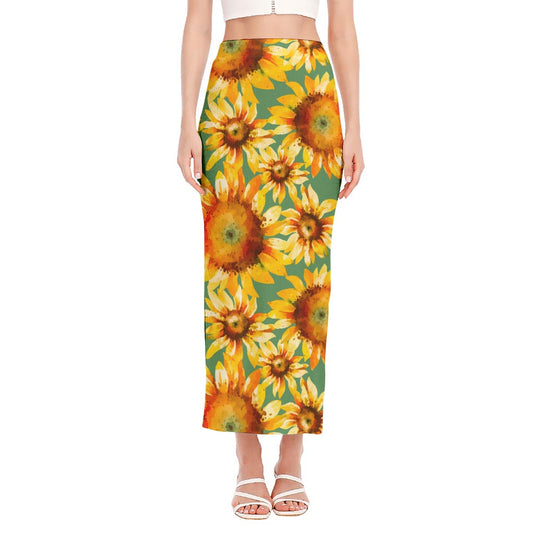 Sage Watercolor Sunflower Pattern Print Side Slit Maxi Skirt
