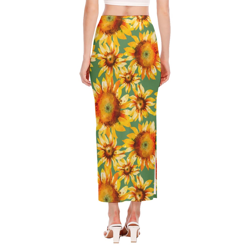 Sage Watercolor Sunflower Pattern Print Side Slit Maxi Skirt