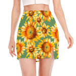 Sage Watercolor Sunflower Pattern Print Side Slit Mini Skirt