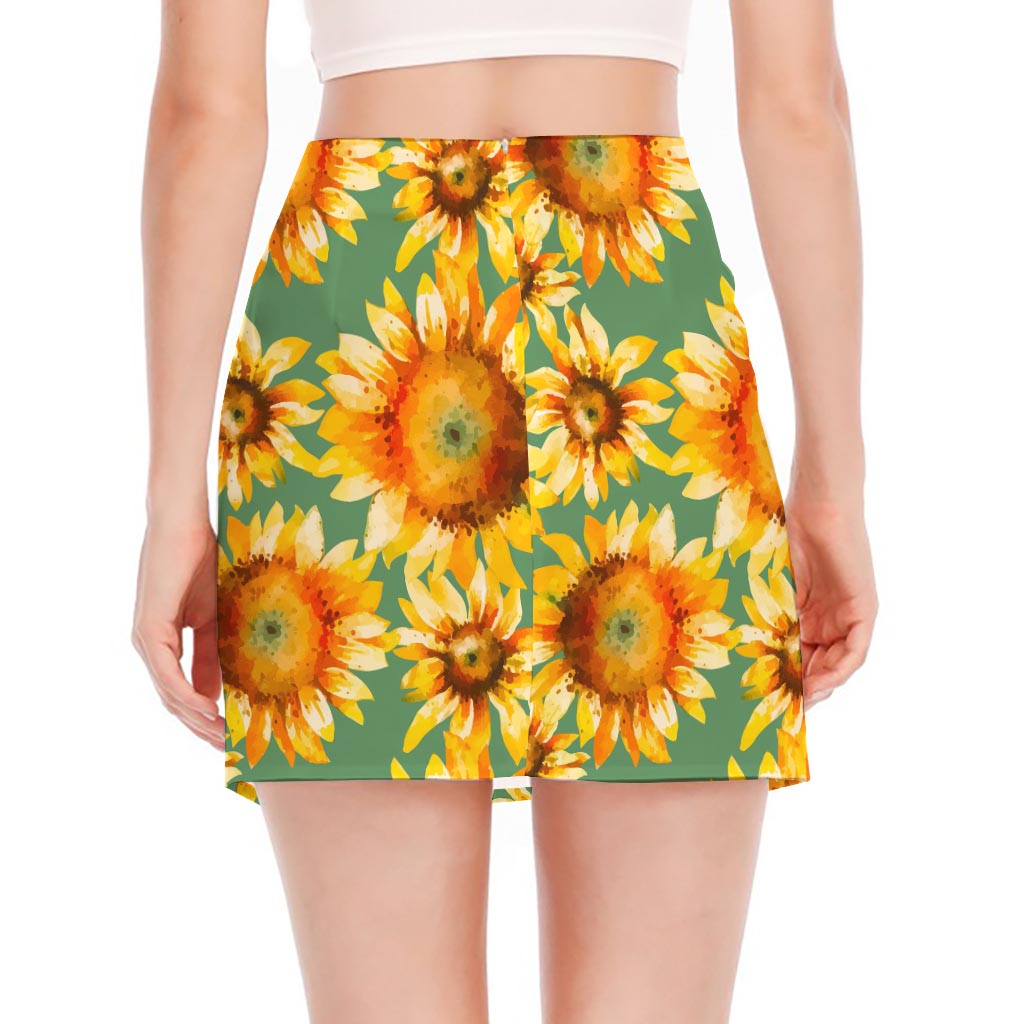 Sage Watercolor Sunflower Pattern Print Side Slit Mini Skirt