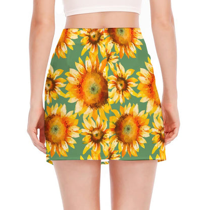 Sage Watercolor Sunflower Pattern Print Side Slit Mini Skirt