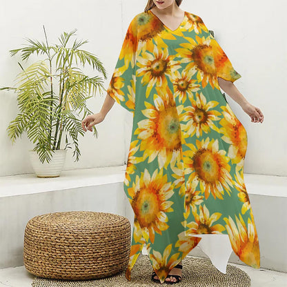 Sage Watercolor Sunflower Pattern Print Silk V-Neck Kaftan Dress