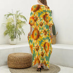 Sage Watercolor Sunflower Pattern Print Silk V-Neck Kaftan Dress