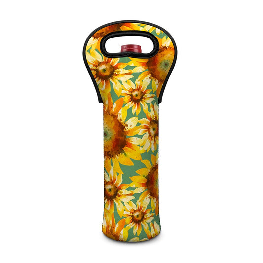 Sage Watercolor Sunflower Pattern Print Single Neoprene Wine Tote