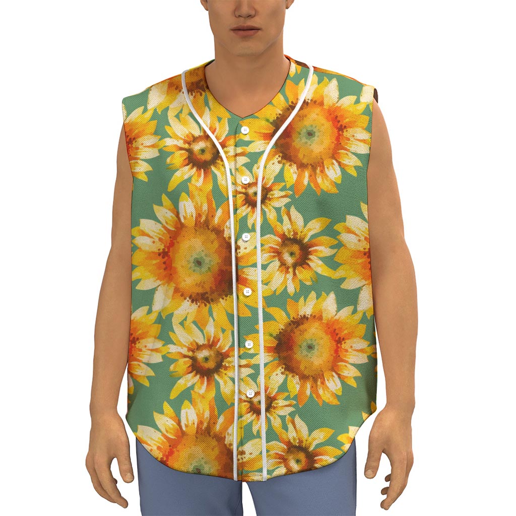Sage Watercolor Sunflower Pattern Print Sleeveless Baseball Jersey