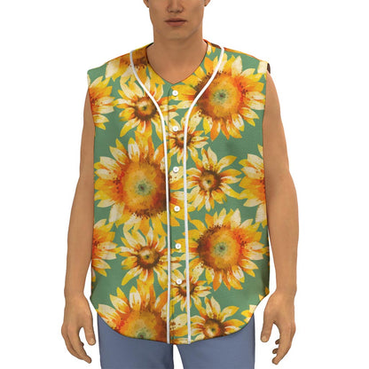 Sage Watercolor Sunflower Pattern Print Sleeveless Baseball Jersey