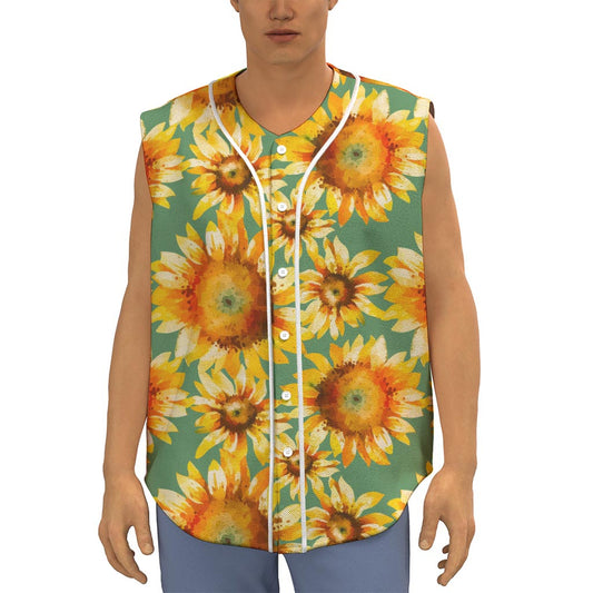 Sage Watercolor Sunflower Pattern Print Sleeveless Baseball Jersey