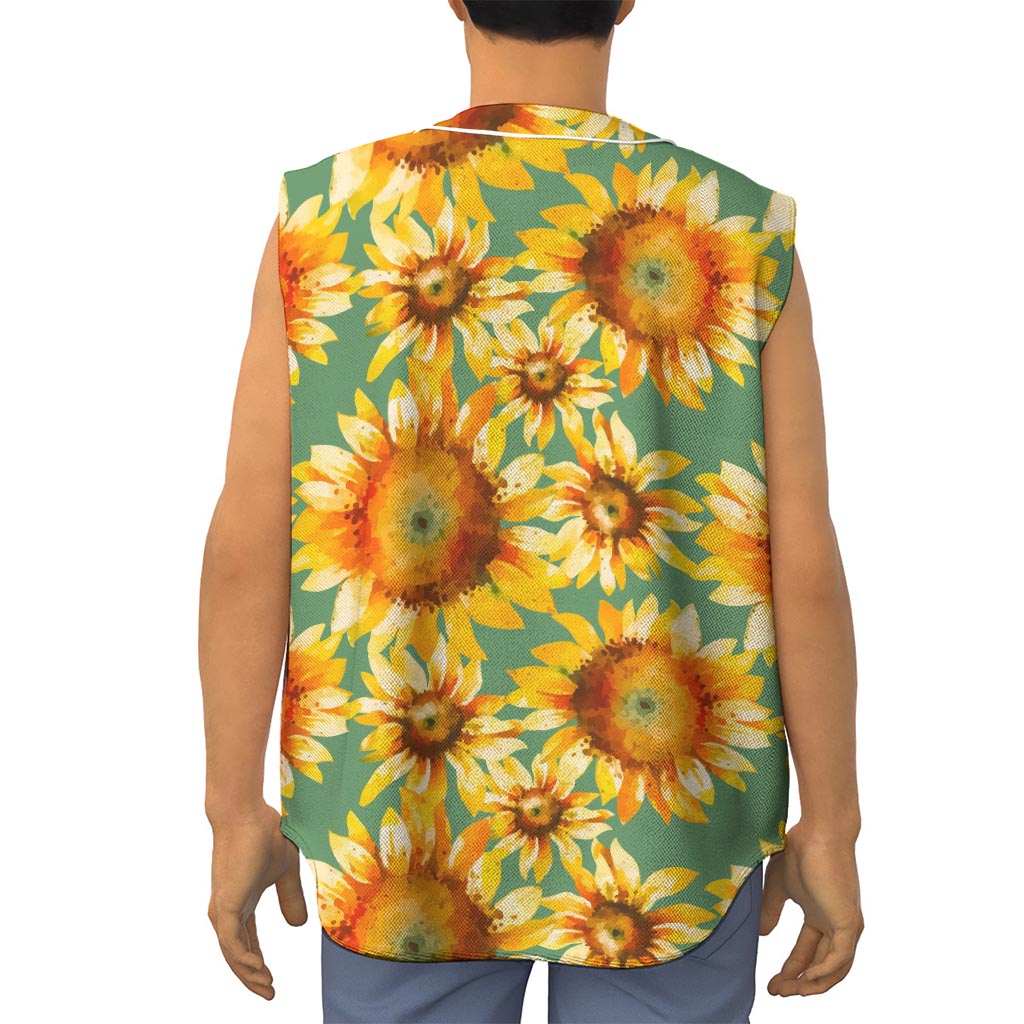 Sage Watercolor Sunflower Pattern Print Sleeveless Baseball Jersey