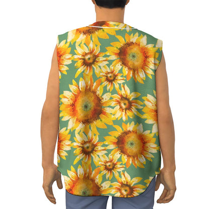 Sage Watercolor Sunflower Pattern Print Sleeveless Baseball Jersey