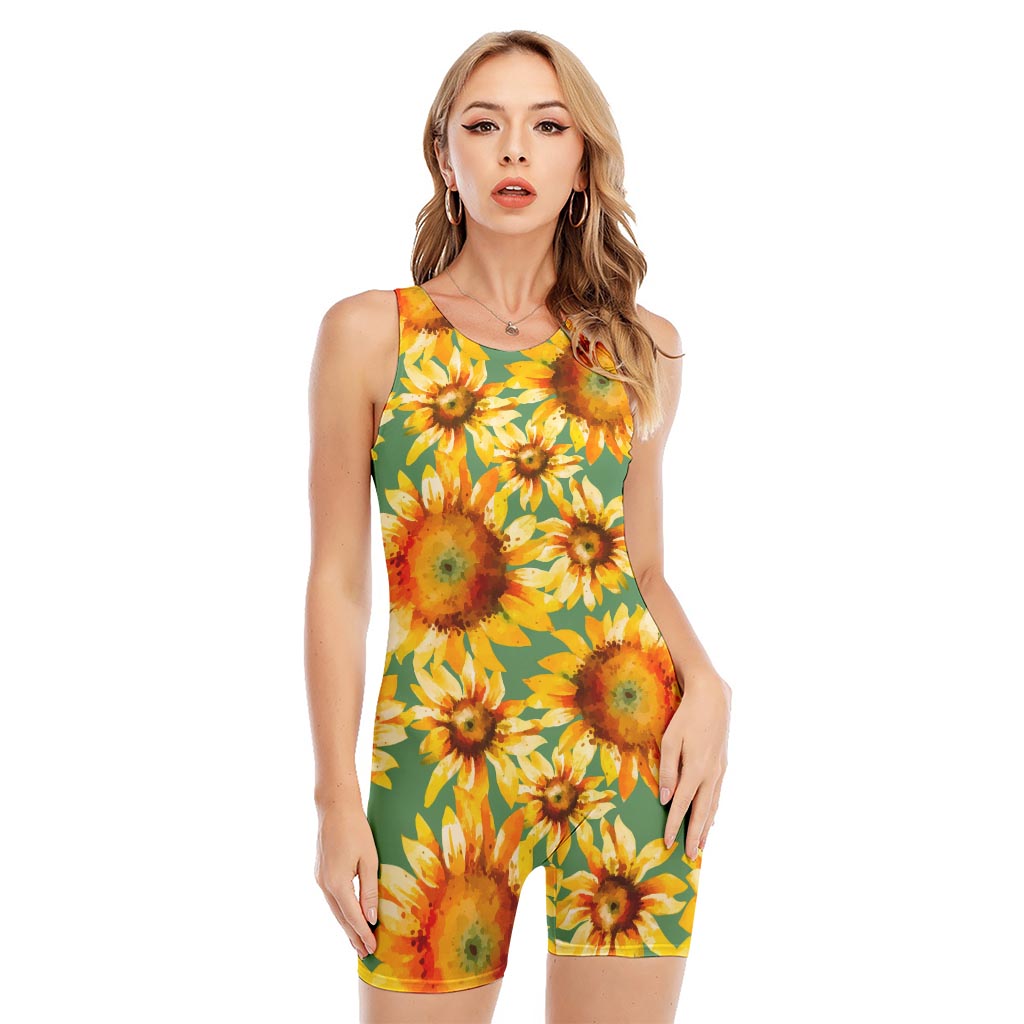 Sage Watercolor Sunflower Pattern Print Sleeveless One Piece Swimsuit
