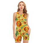 Sage Watercolor Sunflower Pattern Print Sleeveless One Piece Swimsuit