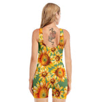 Sage Watercolor Sunflower Pattern Print Sleeveless One Piece Swimsuit