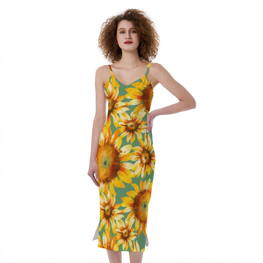 Sage Watercolor Sunflower Pattern Print Slim Fit Midi Cami Dress