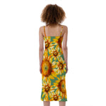 Sage Watercolor Sunflower Pattern Print Slim Fit Midi Cami Dress