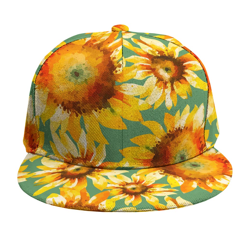 Sage Watercolor Sunflower Pattern Print Snapback Cap