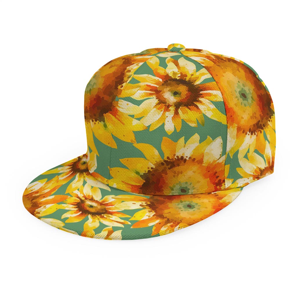 Sage Watercolor Sunflower Pattern Print Snapback Cap