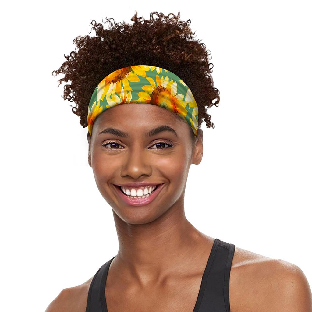 Sage Watercolor Sunflower Pattern Print Sports Headband