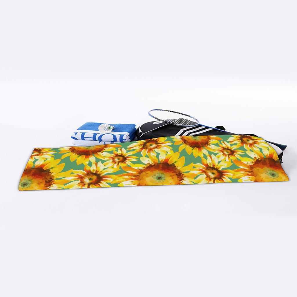 Sage Watercolor Sunflower Pattern Print Sports Towel