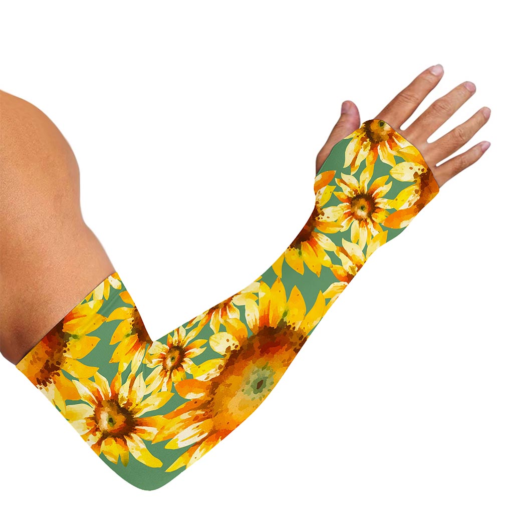 Sage Watercolor Sunflower Pattern Print Sun Protection Arm Sleeves