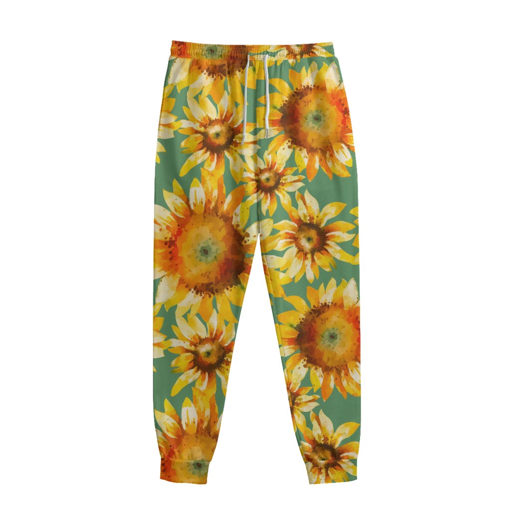 Sage Watercolor Sunflower Pattern Print Sweatpants