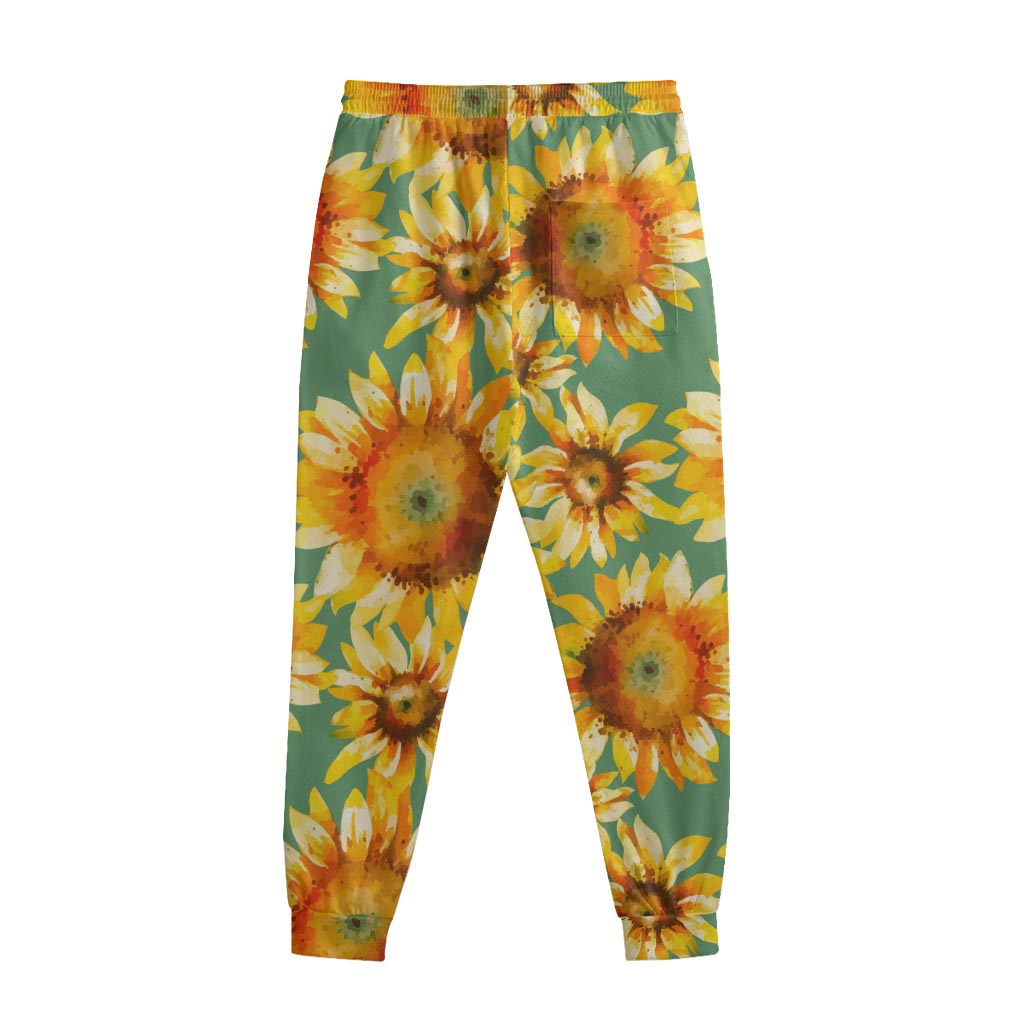 Sage Watercolor Sunflower Pattern Print Sweatpants